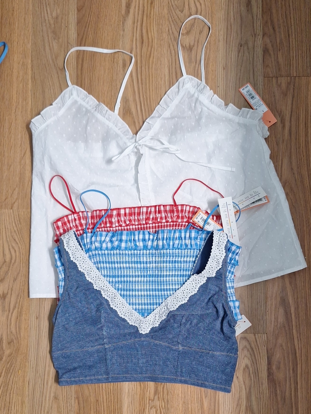 Colsie White Eyelet Ruffle Tie-Front Tank  Red and Blue Smocked Tops Denim Bra